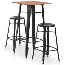 Table haute bois LISBOA et 2 tabourets metal noir