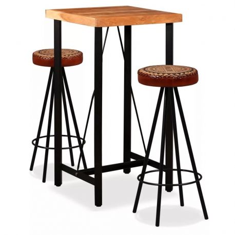 Lot table bar bois massif industriel et 2 tabourets cuir