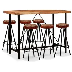 Lot table haute 150 bois massif et 6 tabourets cuir rétro