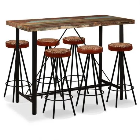Lot table haute 150 bois massif recyclé et 6 tabourets cuir rétro